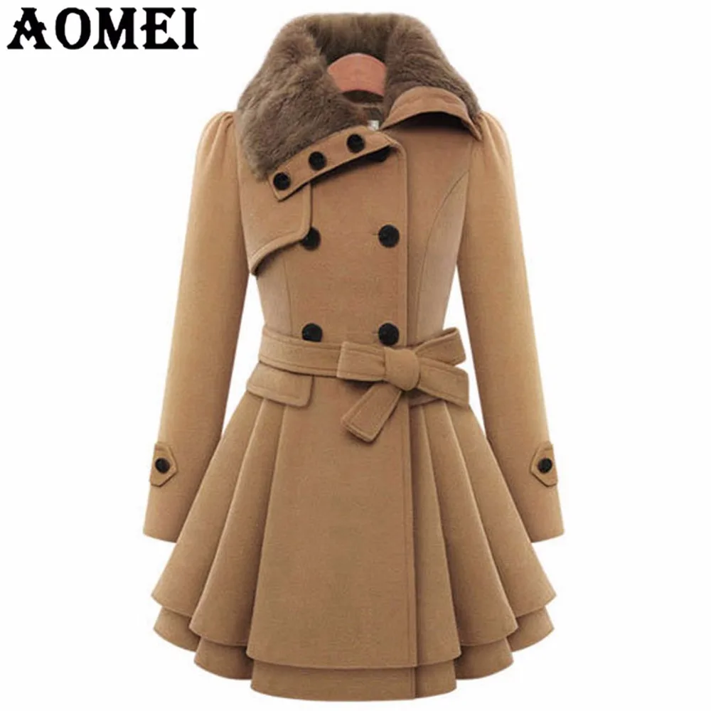 Women Camel Color Woolen Coat with Fur Collar Long Sleeve Sashes Waist ...