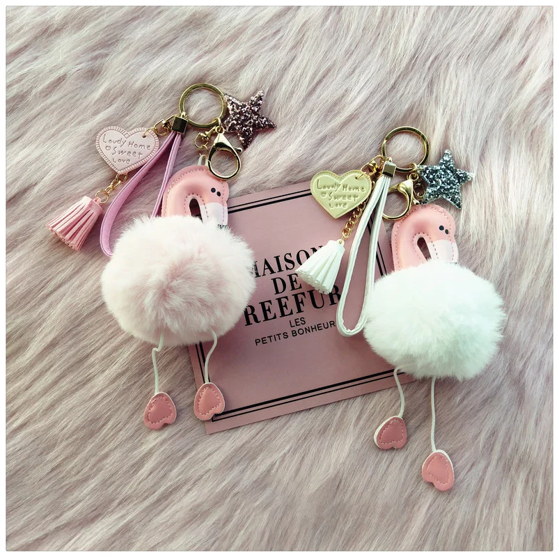

Car Keychain Chain Bag Hanging Pendant Car Hanging Women Heart Flamingo Cute Girl Pompom Pom Pom Keychain Girlfriend Gift