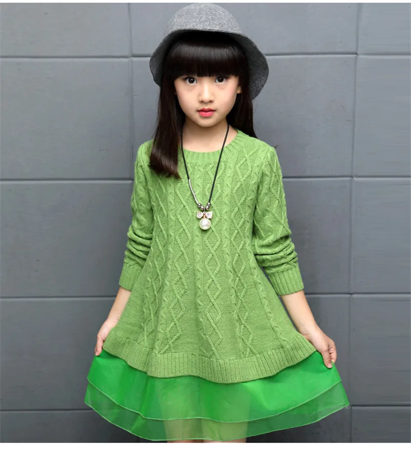 Детские платья свитер для девочек осень зима хлопок свитер платье для девочек детская школьная одежда 5 7 9 11 12 лет - Цвет: Зеленый