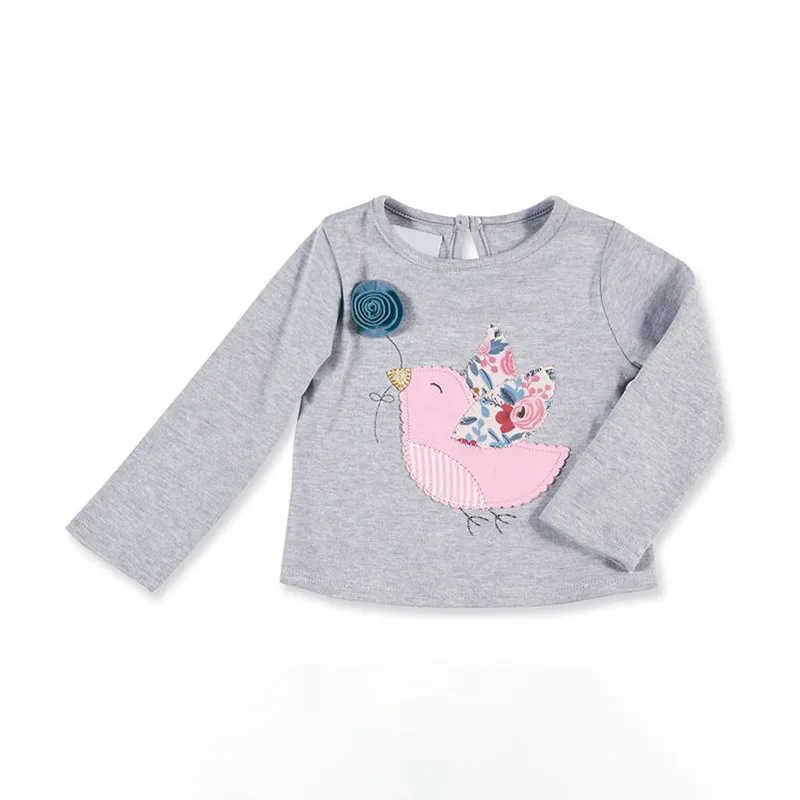 

Little Maven New Autumn Spring Kids Gray Bird Applique Floral Full- sleeved O-neck Cotton Girls Knitted Casual Tshirt Tops