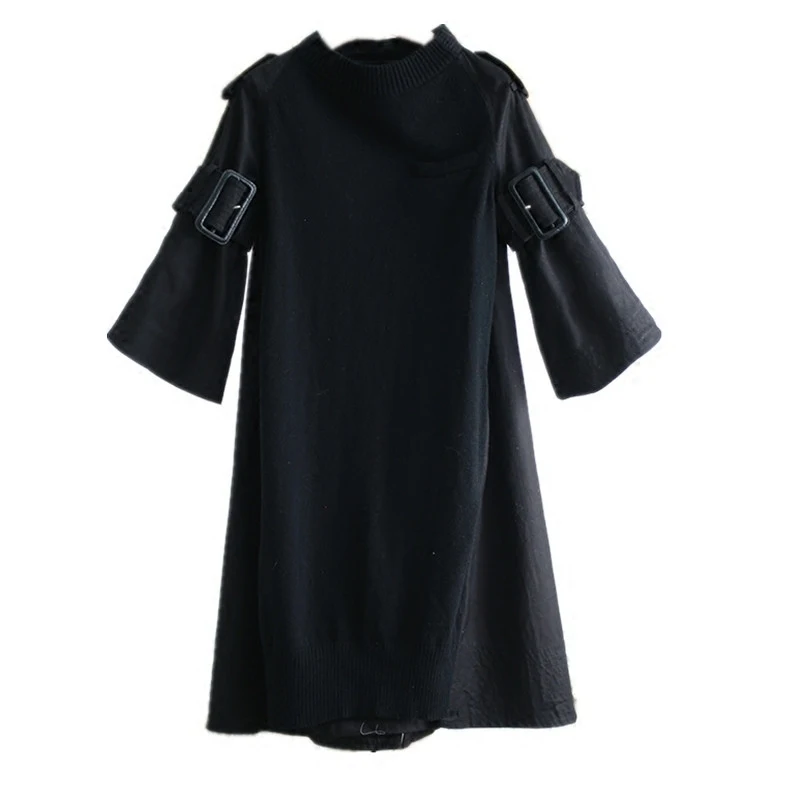 TWOTWINSTYLE пояса вязаное платье женский лоскутное О образным вырезом Высокая талия три четверти рукав мини платья Весенняя модная одежда - Цвет: Black