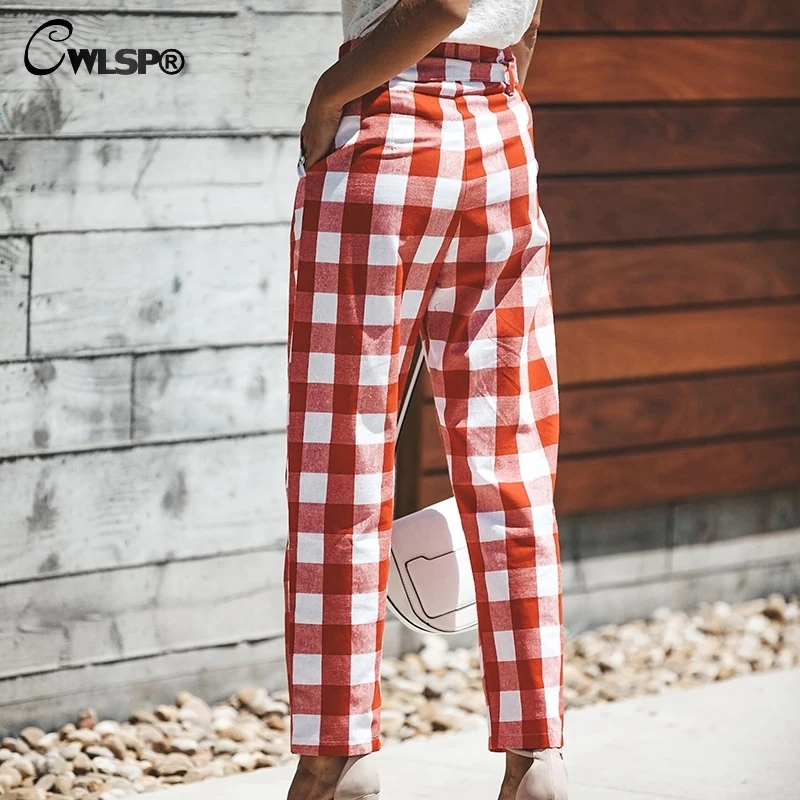 CWLSP 2018 2 color plaid Women pants loose casual Pants with pocket Female tie up front comfort pantalon mujer QZ2914