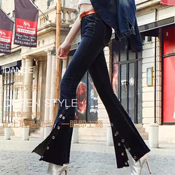 Free Shipping Slit Single Breasted Long Jeans Pants For Women Flare Trousers Plus Size 24-29 Denim Summer Stretch Skynni Jeans