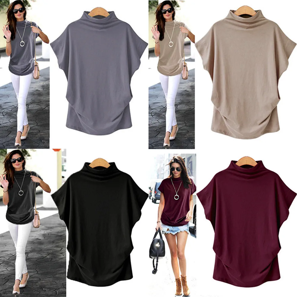 

2019 new cotton women's T-shirt summer basic T-shirt S-5XL large size fashion casual short-sleeved shirt high collar female T3.2