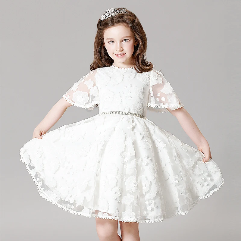 

O Neck White Lace Girls Wedding Dresses Short Sleeves Cute Princess Dresses Summer 2017 New Knee-Length Children's Clothes P18