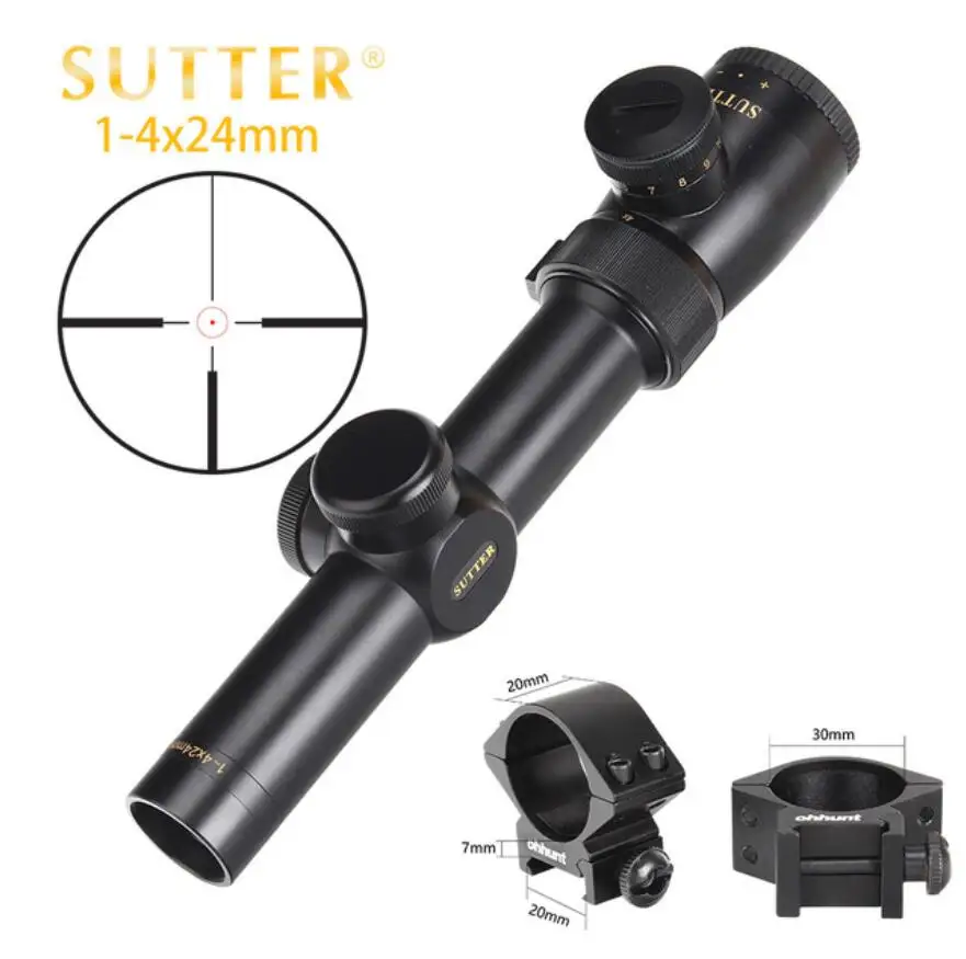 SUTTER 1-4X24 компактные прицелы для охоты R12 или R29 стеклянная сетка красный свет прицел турели сброс тактический прицел - Цвет: with picatinny ring1