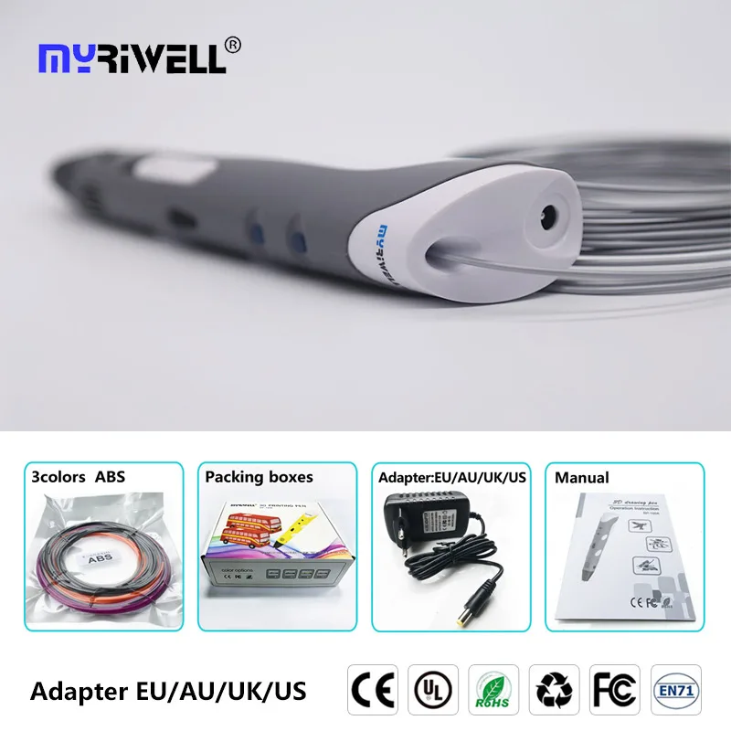 Myriwell 3D Ручка rp 100a с 20 цветами 100 м диаметр 1,75 мм нити Детские Креативные 3D инструменты для рисования лучший подарок на день рождения - Цвет: only gray pen