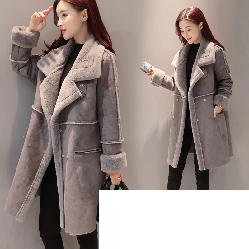 Новая зимняя Женская ветровка, куртка, свободное теплое пальто средней длины из плюша с длинным рукавом, двубортное Женское пальто большого размера, KO170