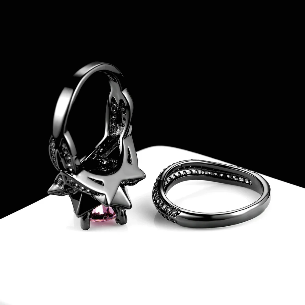 Double Fair Cubic Zirconia Pink Crystal Rings Sets Black Gold Color Engagement / Wedding Ring Sets Fashion Women Jewelry DFR618