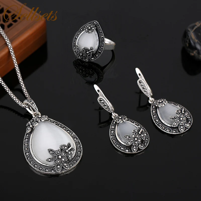 

Sellsets Vintage Silver Color Jewellery Water Drop Shape Opal Jewelry Sets Crystal And Natural Stone Necklace Earrings Ring Set