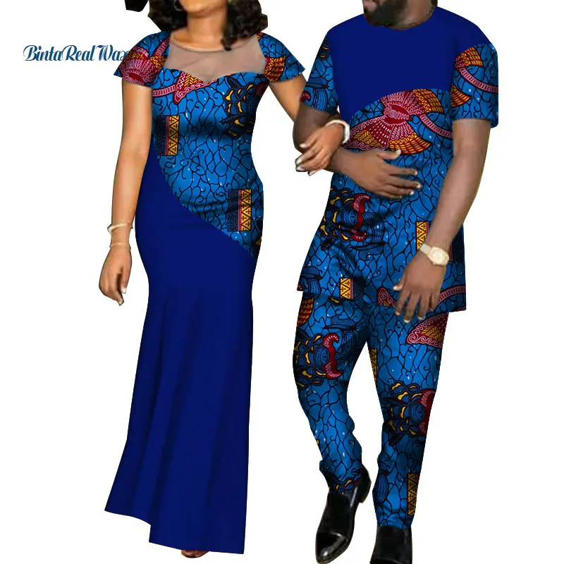Африканские платья для женщин базен мужская рубашка и брюки наборы Lover пары одежда с принтом пряжа платье африканский дизайн одежда WYQ126