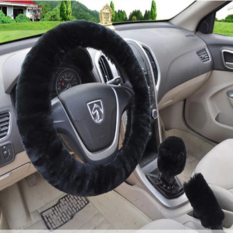 BLACK FAUX WOOL AUTO STEERING WHEEL COVER