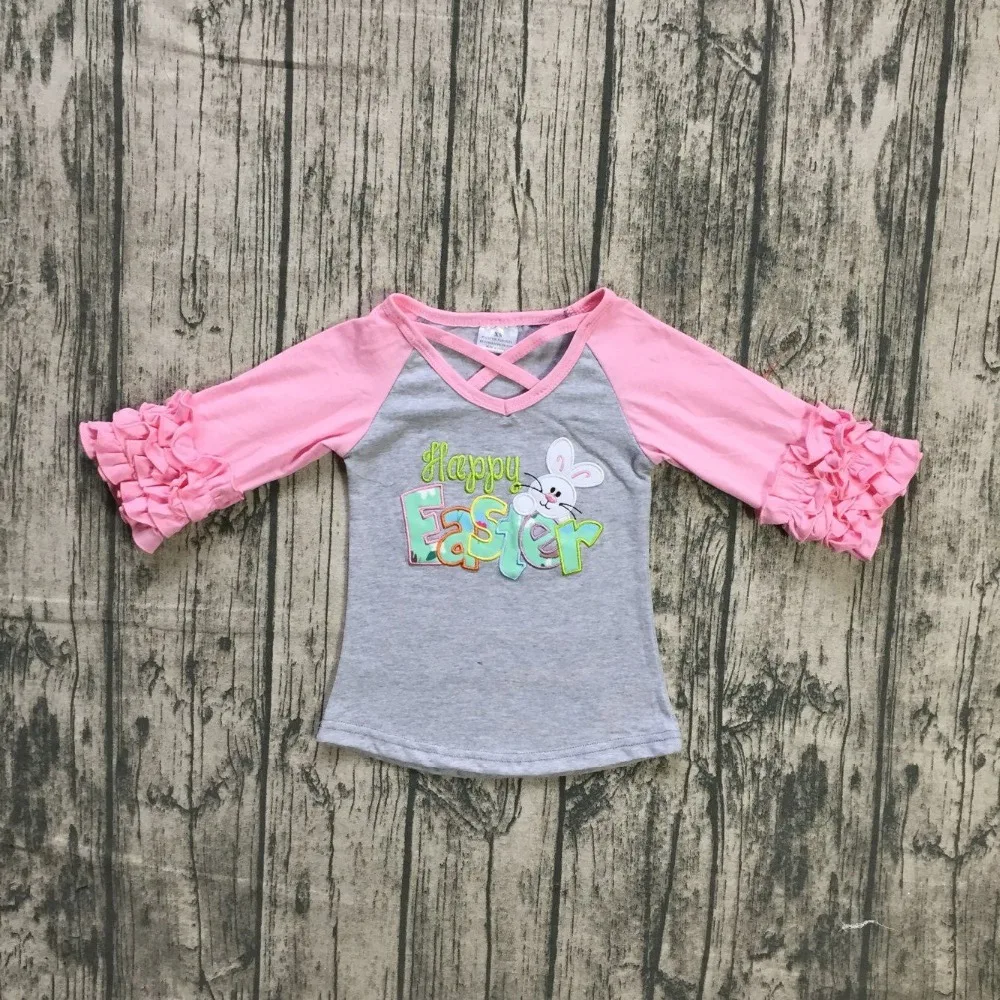 

baby girls cotton easter raglans girls boutique East party kids waer top raglans Happy Easter print raglans grey top with pink