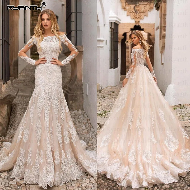 

Robe De Mariage Mermaid Wedding Dresses with Detachable Train Romantic Boat Neck Bride Dress 2019 Wedding Gown Vestidos De Noiva