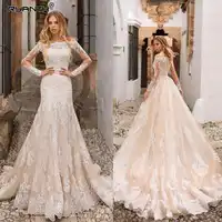 Robe De Mariage Mermaid Wedding Dresses with Detachable Train Romantic Boat Neck Bride Dress 2019 Wedding Gown Vestidos De Noiva