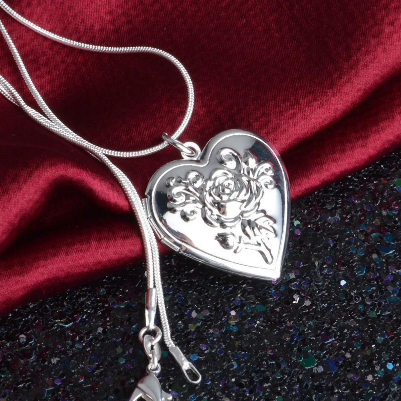 Classic Vintage Rose Flower 925 Sterling Silver Needle Locket Double Heart Necklace Photo El Collar Pendant Women' Best Gift