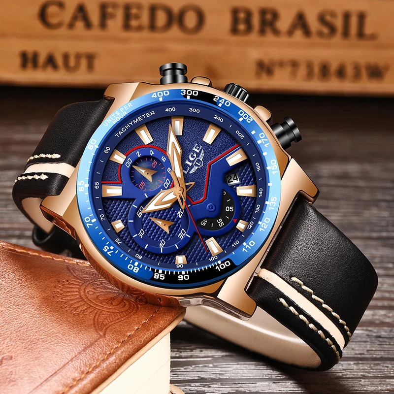 

LIGE New Mens Watches Top Luxury Quartz Watch Blue Casual Leather Military Watch Men Waterproof Sport Clock Relogio Masculino