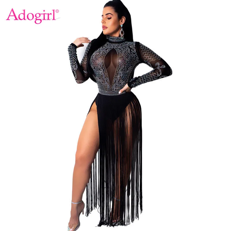 Adogirl бриллиантовое прозрачное Сетчатое платье макси с высоким разрезом