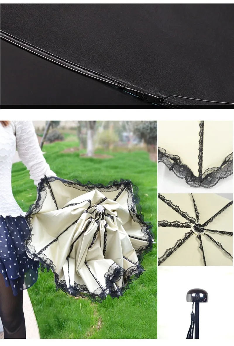 New Creative Lace Girls Umbrella Rain Women Three Fold Umbrella 8-Rib Windproof Anti-UV Black Coating Summer Sun Umbrella11