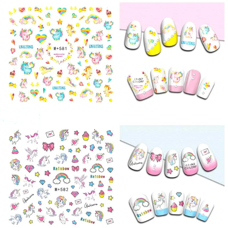 2 листа наклейки для ногтей в виде единорога Kawaii Nailart воды ярко-розовый деко