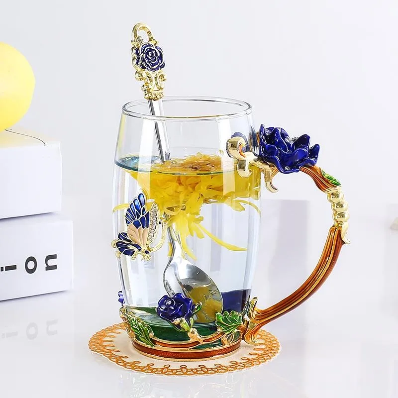 Beauty And Novelty Enamel Coffee Cup Mug Flower Tea Glass Cups for Hot and Cold Drinks Tea Cup Spoon Set Perfect Wedding Gift