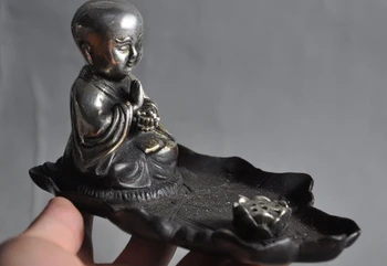 

Old Chinese Buddhism Bronze Silver Pray Monk Buddha Statue Incense burner Censer