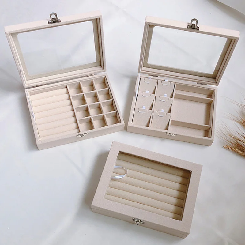 

Luxury Beige Velvet Jewelry Display Box Case for Rings Earrings Bracelets Necklaces or other Ornaments Storage Organizer