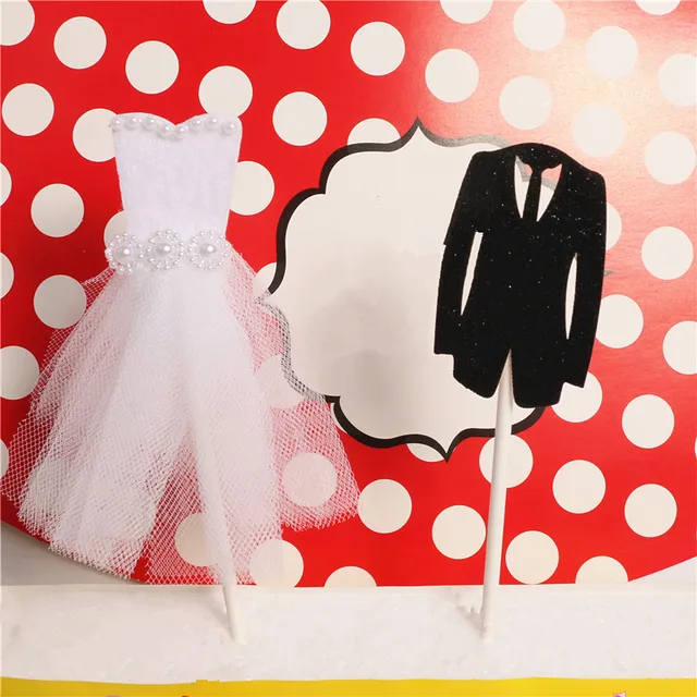 2pcs Set Glitter Wedding Dress Cake Topper Lovely Suit 2pcs Set Glitter Wedding Dress Cake Topper Lovely Suit Pick Decoration Cupcake Toppers