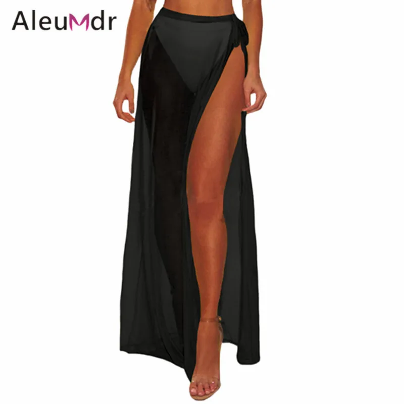 

Aleumdr Summer Women Cover Up Long Sexy Beach Tie-up Skirt Mesh Slit High Waist Bikini Cover-up LC420052 Vestido Playa Mujer
