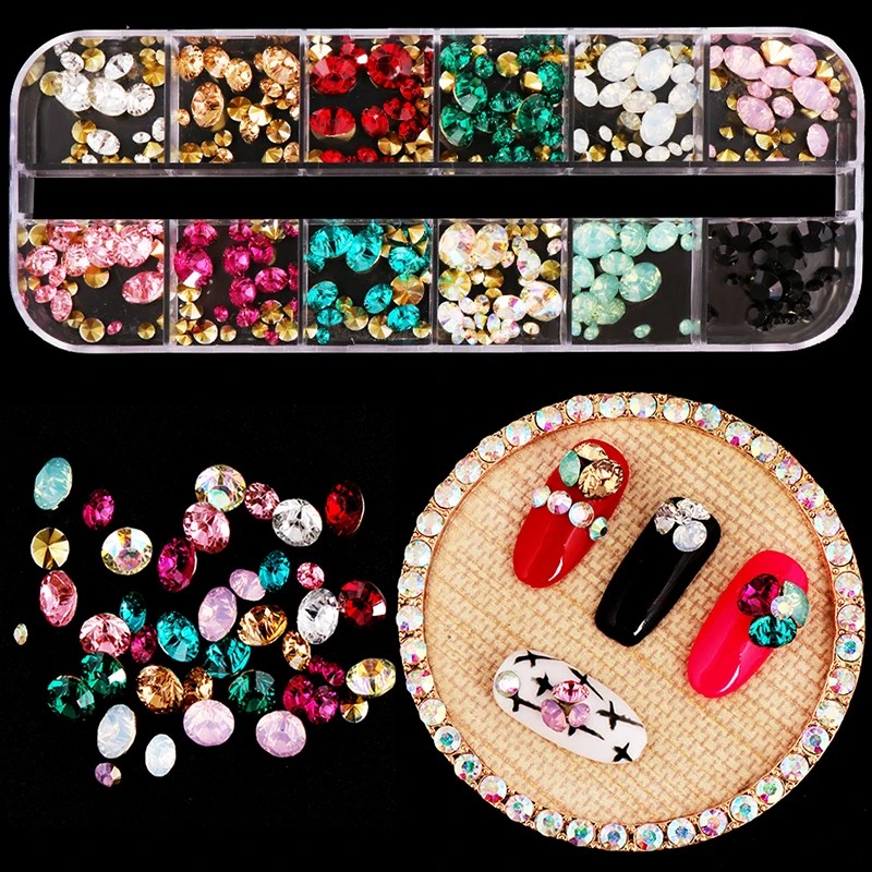 

1Box Mixed size color 3D Nail Art Decorations Non Hotfix Flat back Crystal Rhinestones For Nails Diy