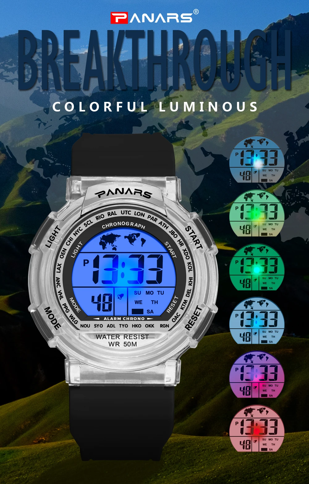 Children's Watches 50m Waterproof PANARS LED Multifunction Dual Tim Digital Kids Wrist Watches Children Watch For Boy Girl