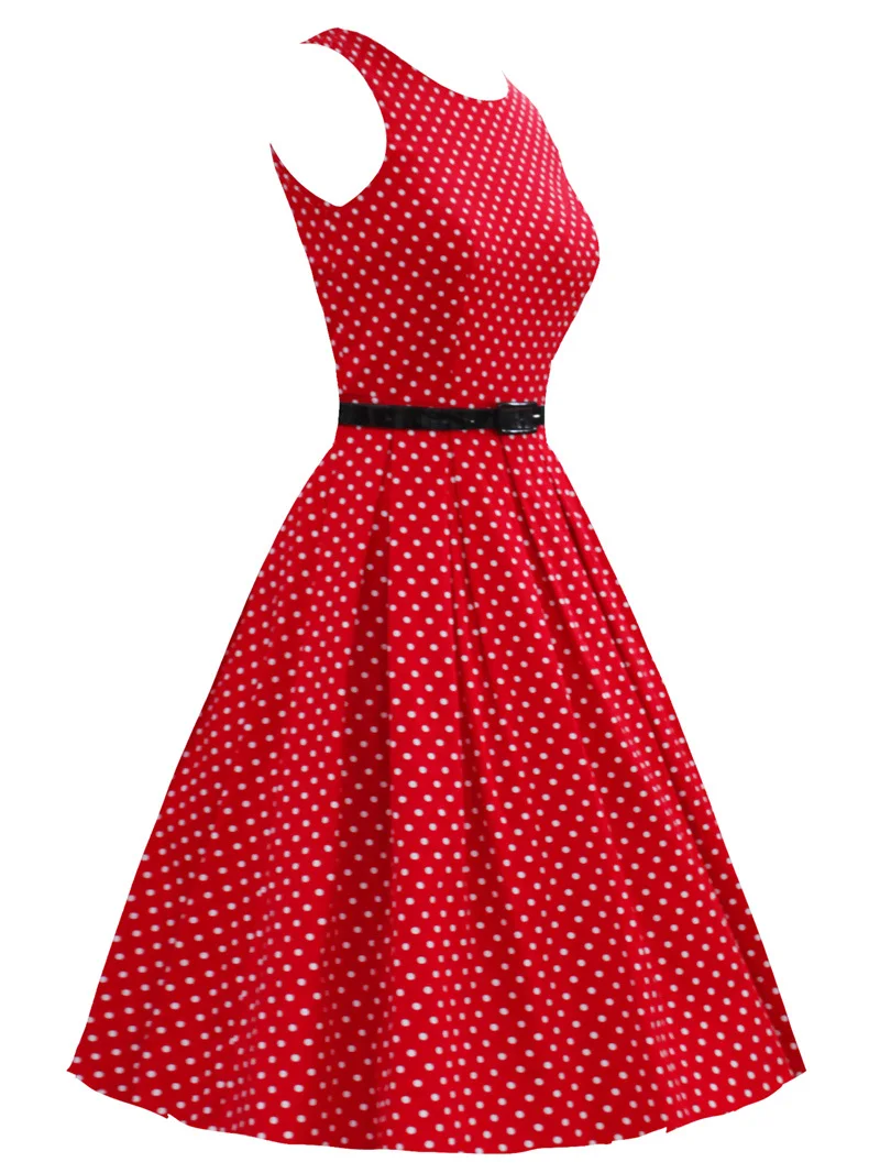 Kostlish 2017 Retro Polka Dot Women Summer Dress O-Neck Sleeveless 50s Vintage Dress With Belt Elegant Party Dresses Plus Size (14)