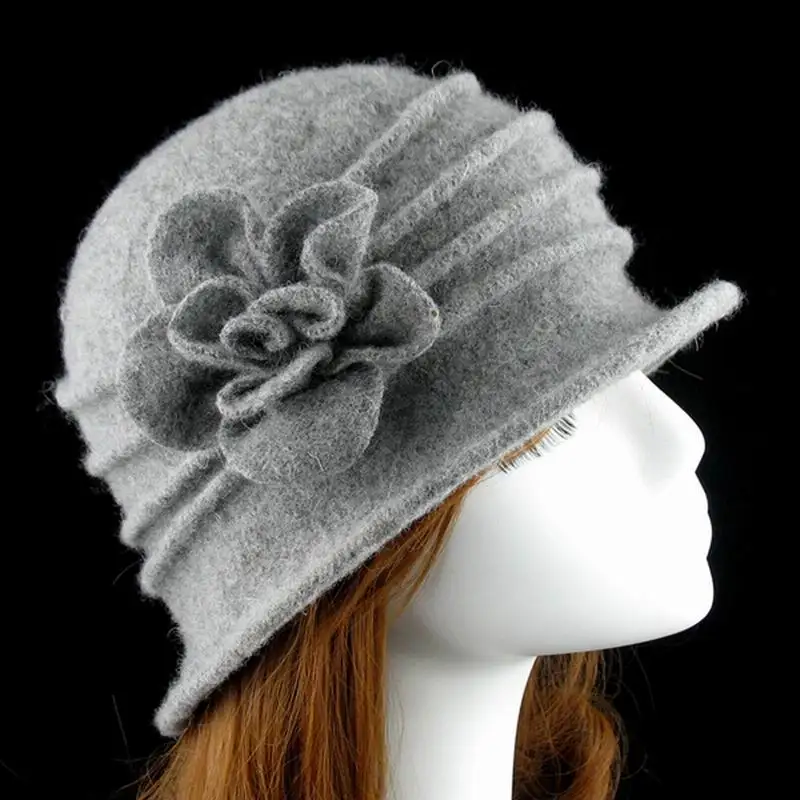 

2019 Autumn Winter Women Floppy Fedora Hat Floral Wool Dome Bucket Hats Warm Mom Cap