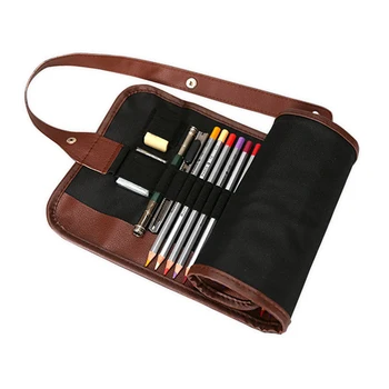 

Canvas Leather Sketch Roll up pencil case Brush Pen Box Comestic Storage Bag Pouch Organizer For 36/48/72 Holes