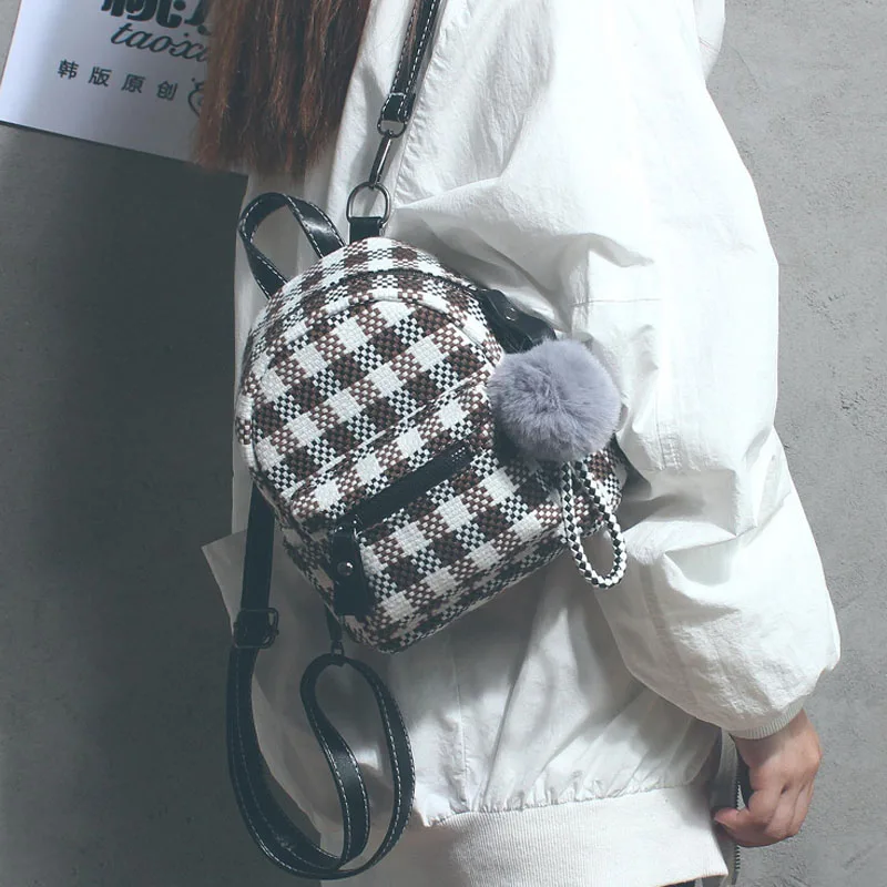 

BENVICHED Ladies' Woolen cloth lattice backpack 2019 new spring Hair ball fashion black Travelling bag small square bag c360