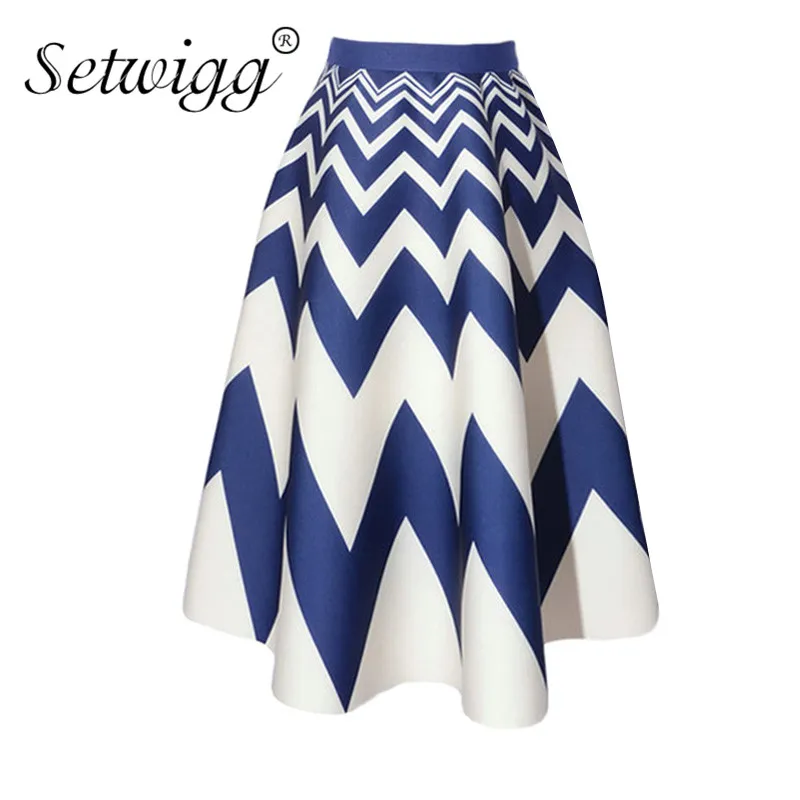 

SETWIGG Hepburn Style Quality Thick Puffy Long Skater Autumn Skirts Vintage Wave Striped Pleated Candy Flare Calf Spring Skirts