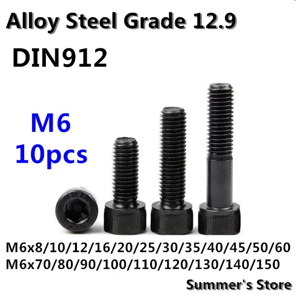 

10pcs/lot DIN912 M6 Hex Socket Cap Screw M6*8/10/12/16/20/30/40/50/60/70/80/90/100/110/120/130/140/150mm M6 black long bolt