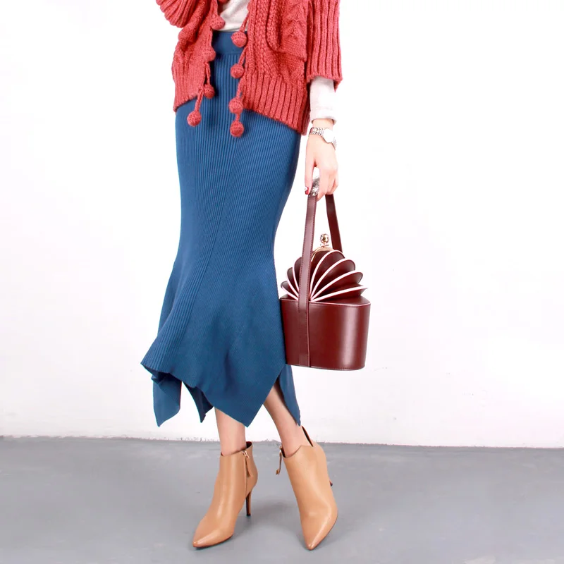 

Free Shipping 2019 New Irregular Elastic Waist Long Mid-calf Knitting Skirt Fishtail Autumn And Winter Blue Mermaid Style Skirts