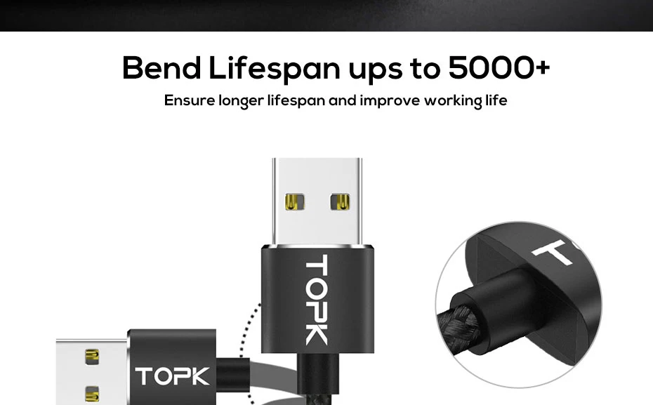 TOPK R-Line2 светодиодный магнитный кабель usb type C, обновленный нейлоновый Плетеный Магнитный кабель type-C для зарядного устройства samsung S8 Xiaomi Mi6 USB-C