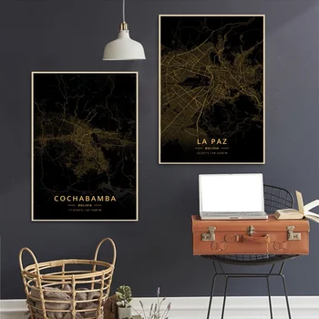 

La Paz Cochabamba Bolivia City Map Gold Map Canvas Art Print Wall Pictures for Living Room No Frame