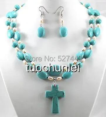 

Wholesale free shipping >>>>>Charming 2 Rows Blue Turquoise Cross Pearl Pendants Necklace Earring Set