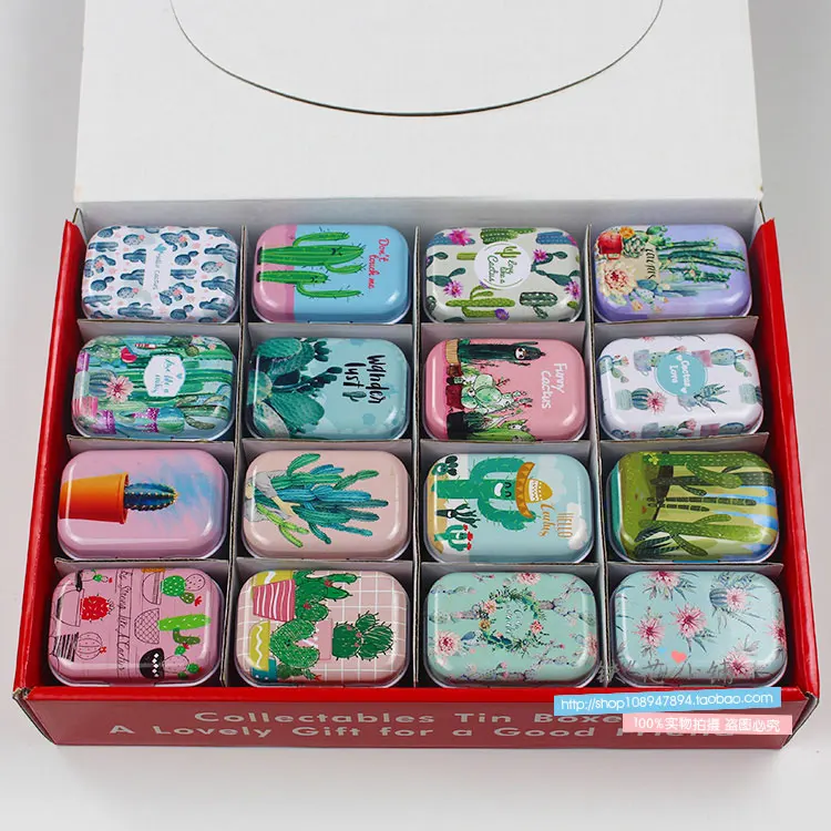 

2018 New 32pcs/box Mini Tin Box Metal Coin Saver Cactus Printing Jewerly Case Pill case 16 designs Display Box packing