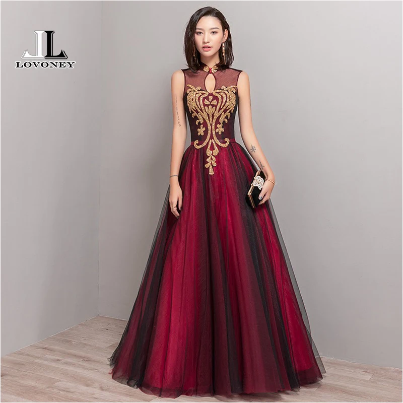 

DEERVEADO High Neck Elegant Evening Dress Long Formal Dress Vintage Open Back Party Dresses Evening Gown Robe De Soiree CS103