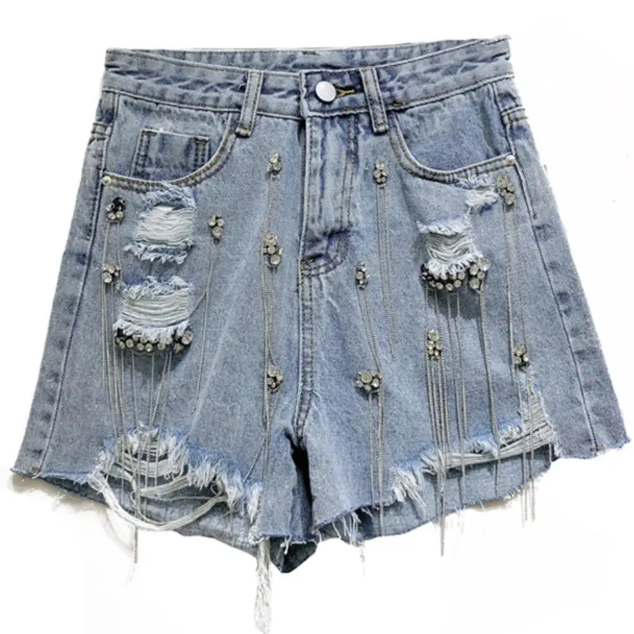 

Rhinestone beaded tassel sequined hot drilling denim shorts female spring summer new raw edge hole hot shorts H103