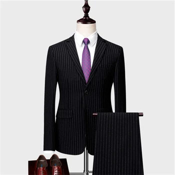 

men Blazer jacket and pants Gray Blue Black Men Striped Suit Two-Piece set Asian Size S M L XL XXL XXXL 4XL 5XL 6XL