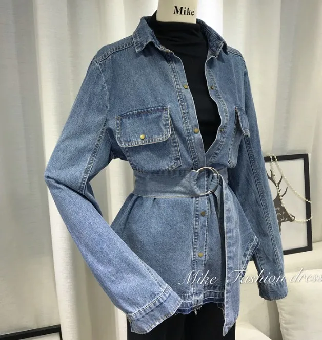 Новая весенняя корейская модная однотонная ковбойская рубашка с поясом Женская свободная джинсовая рубашка с длинными рукавами и тонкой талией джинсовые блузки