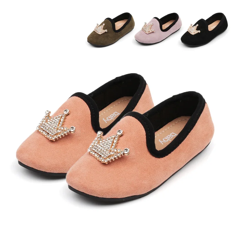 Весенне-Осенняя обувь для маленьких девочек из флока и искусственной кожи с украшением в виде короны, лоферы для маленьких девочек