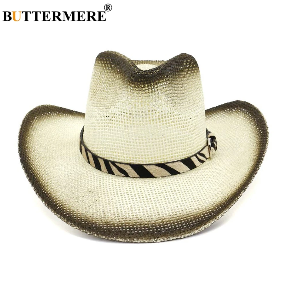 BUTTERMERE Женские соломенные шляпы Женская Off-white Sun Hat ковбойская Женская Зебра шаблон ремень большой полями Женская британская летняя пляжная