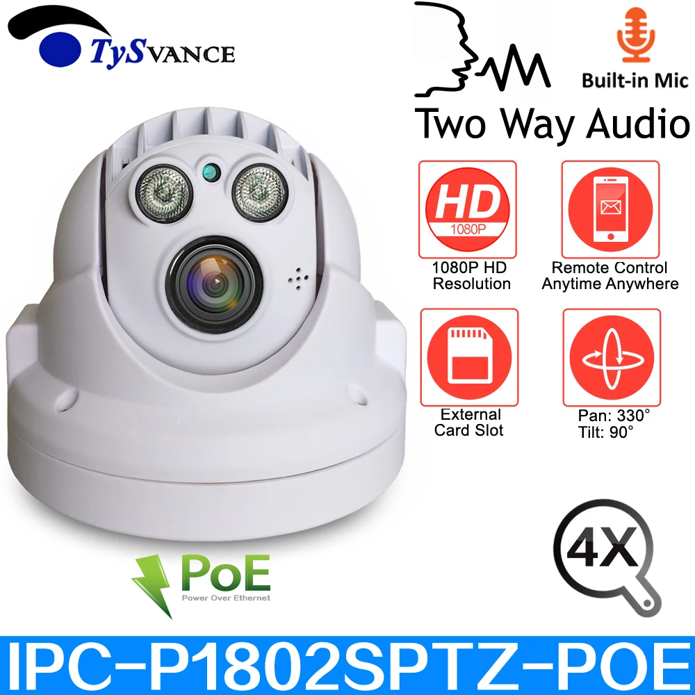 

PTZ PoE IP Camera SD Card Slot 2MP HD Indoor 4X Optical Zoom Infrared Night Vision Two Way Audio Security Video Surveillance
