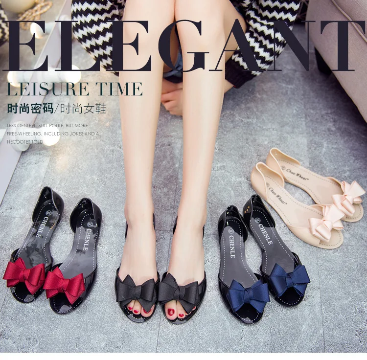 ZHENZHOU Sandals female flat bottom wild jelly shoes soft bottom plastic bow fish mouth shoes Korean women's shoes new